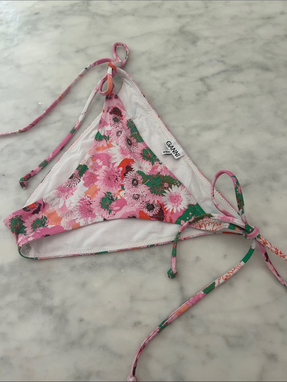Ganni Pink Floral Tie-Side Bikini Bottoms with Green Accents
